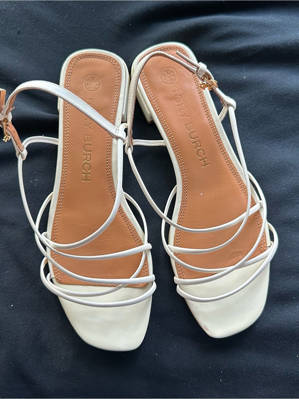 Tory Burch Off White Strappy Flat Sandals with Tan Footbed